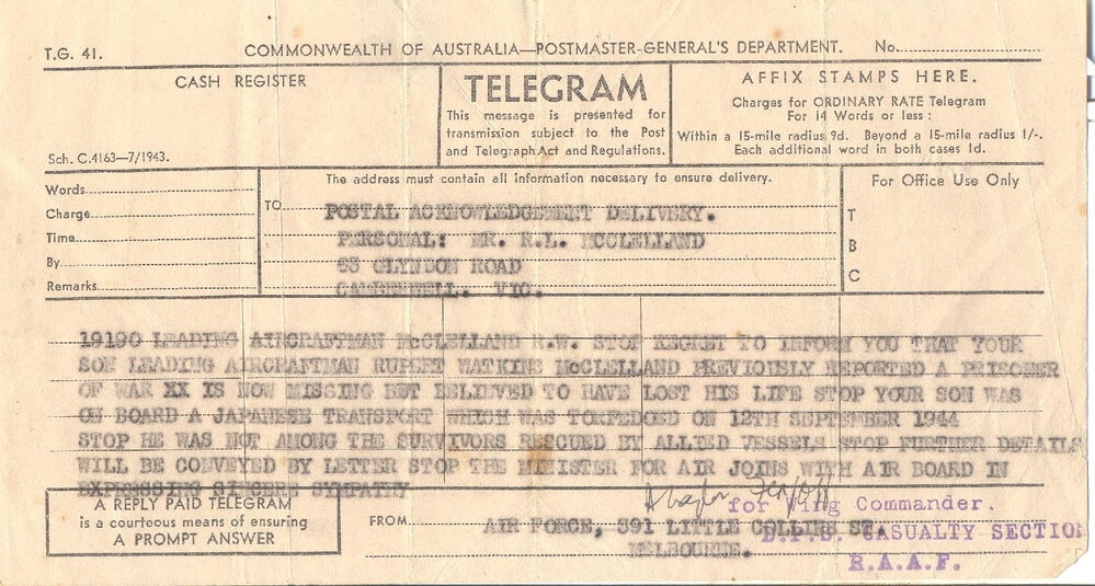 Telegram to Mr R.L. McClelland reporting that Aircraftman Rupert Watkin McClelland was reported as missing, 1944