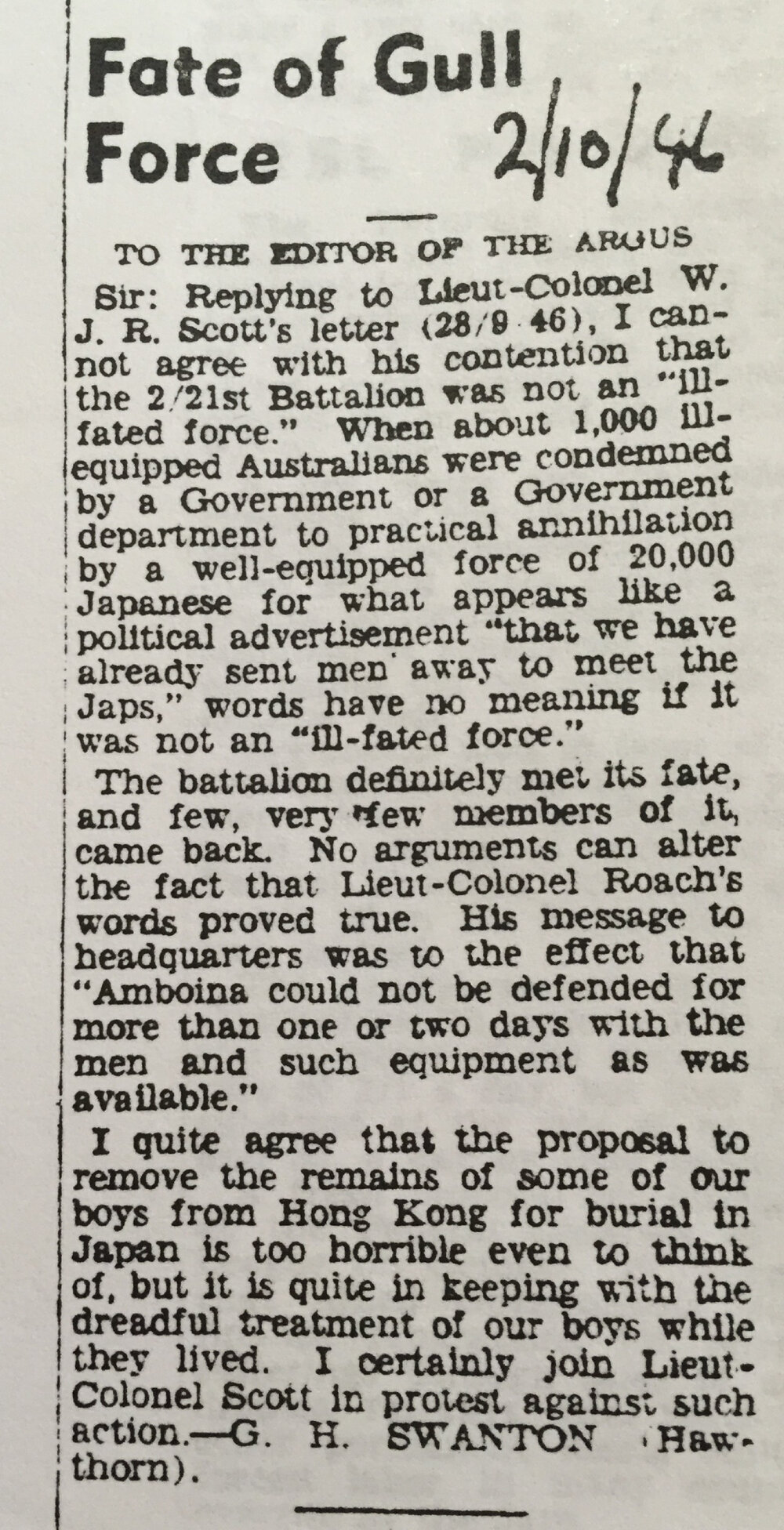 Fate of Gull Force, 1946