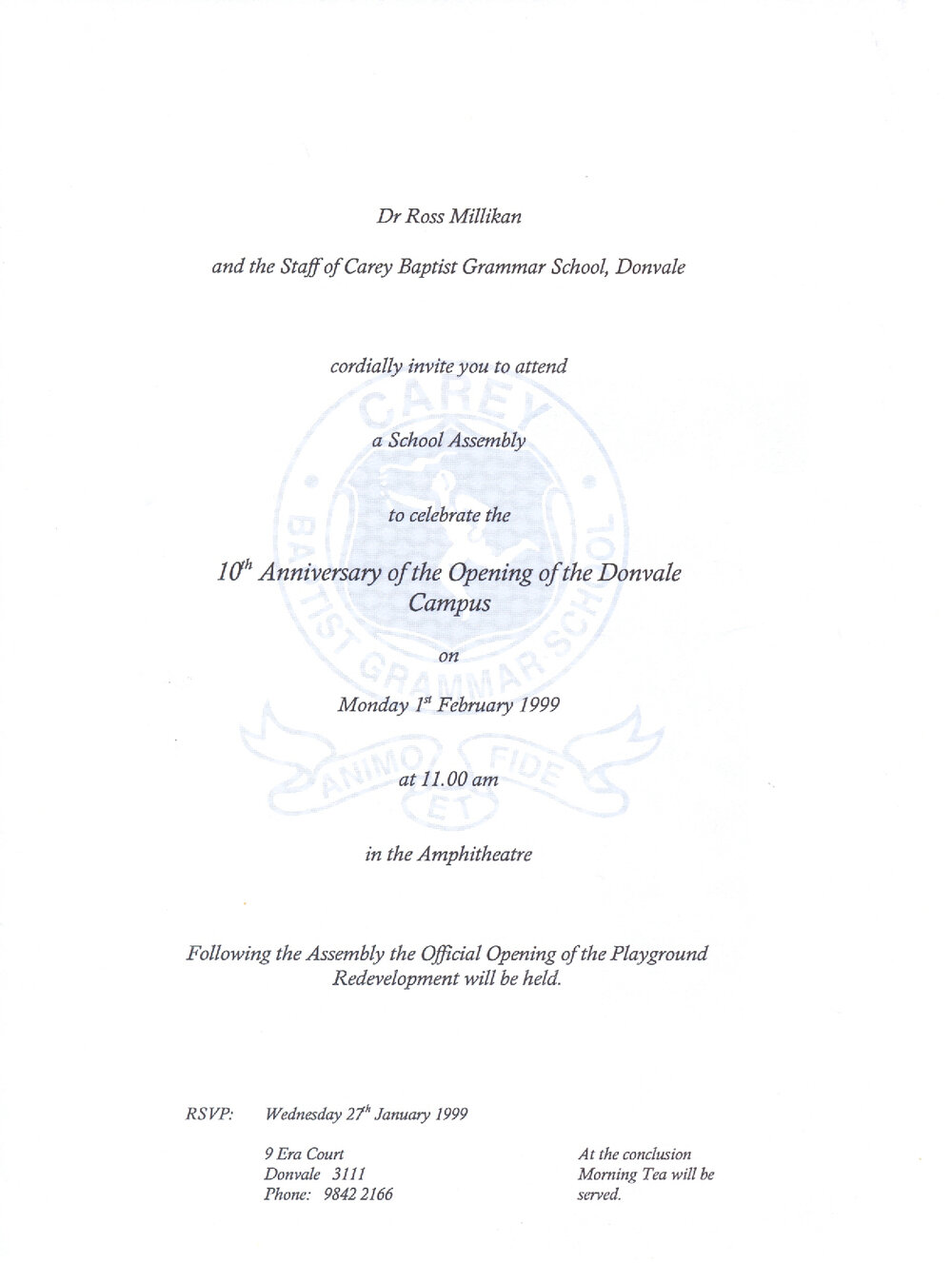 Invitation to celebrate the 10th Anniversary of the Opening of the Donvale Campus, 1999