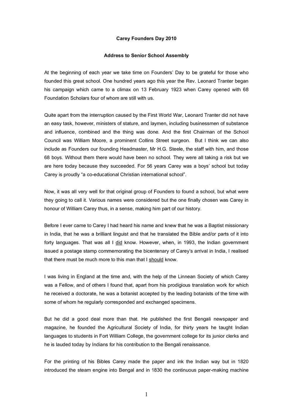 Dr. Keith Farrer's Founders' Day speech, 2010