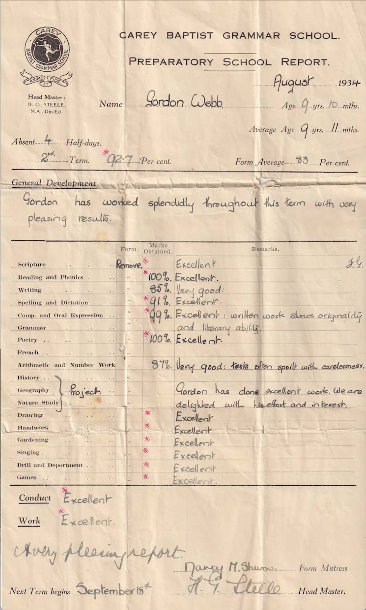 Preparatory School report for Gordon Webb, 1934