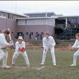 Senior boys playing cricket on Sandell Oval, 1974
