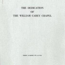 Programme for the dedication of the William Carey Chapel, 1971
