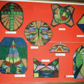 "Stained glass" patterns in craft room, 1972