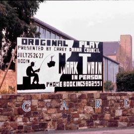 Billboard for Senior School play, Mark Twain in person, 1974