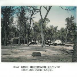 Boat shed destroyed by bush fire (looking from lake), 1978