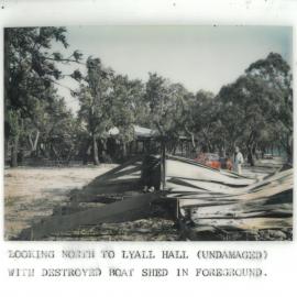 Looking north to undamaged Lyall Hall with destroyed boat shed in foreground, 1978