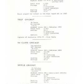 Graham Yallop's cricketing career summary, undated