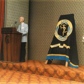 Geoffrey Stevens addressing audience at the appeal launch for Physical Education facilty at Bulleen, 1984