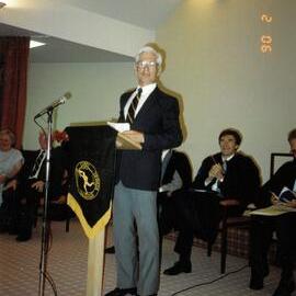 Ralph Shinkfield speaking at Donvale Houses inauguration, 1990