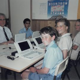 Don Brown with Year 7 students using Toshiba laptops, 1991