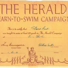Certificate - The Herald Learn-to-Swim Campaign, 1951