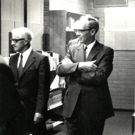 Norman Howie and Alan Barber touring the Mellor Library, 1973
