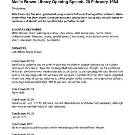 Mollie Brown Library Opening Speech, 20 February 1984