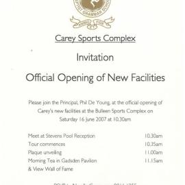 Official opening invitation, Carey Bulleen Sports Complex new facilities, 2007