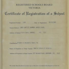 Certificate of registration of a school, 1989