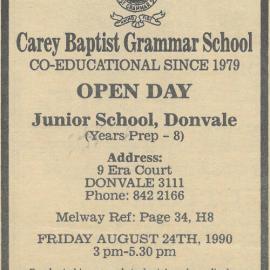 Donvale Open Day advertisement, 1990