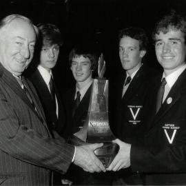 Lionel Murphy presenting National Times trophy for debating, 1983