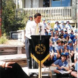 Mr Jon Abbott addresses students at the 10th anniversary assembly of the Donvale campus, 1999