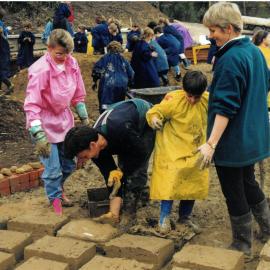Creating mud brick castle at Donvale campus, 1996