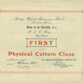 Physical culture class certificate, 1933
