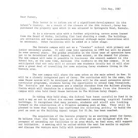 Letter to parents announcing the purchase of the Donvale campus, 1987