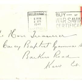 Envelope addressed to Carey Baptist Grammar School Treasurer, 4 April 1941
