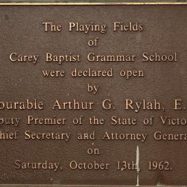 The Playing Fields of Carey Baptist Grammar School plaque, 1962