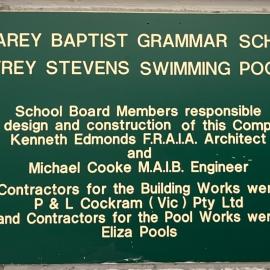 The Geoffrey Stevens Swimming Pool Complex plaque, circa 1992