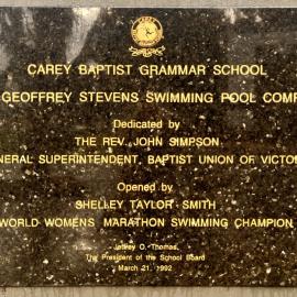 The Geoffrey Stevens Swimming Pool Complex plaque, 2026