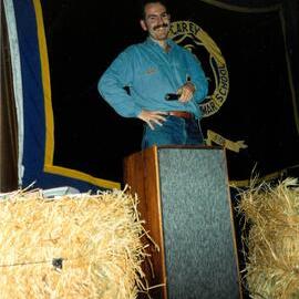Adrian Cresswell with microphone, 1992
