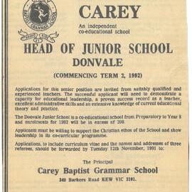 Advertisement for Head of Junior School Donvale, 1991