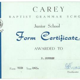 Junior School form certificate, 1964