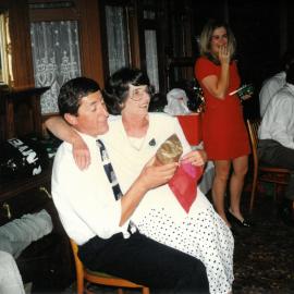 Shirley Allen and Jon Abbott at Donvale staff Christmas party, 1990s