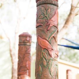 Totems created to camouflage the support posts of the amphitheatre shade sails, 2014