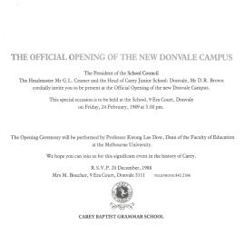Invitation to the official opening of the new Donvale campus, 1989