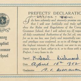 Michael Richmond's prefects' declaration, 1962