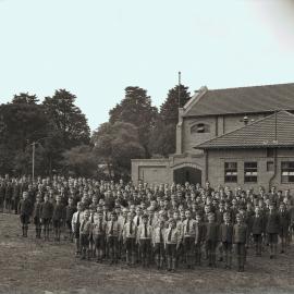 Whole school assembly held outside next to Raymond Hall, 1938