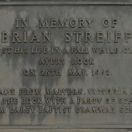 Memorial plaque for Brian Streiff, 1962