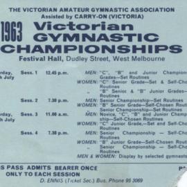 Ticket to the Victorian Amateur Gymnastics Championships, 1963