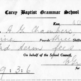 Receipt for payment of Term 3 school fees, 1954