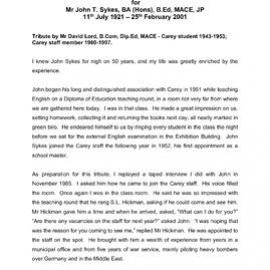 Tribute for Mr John T. Sykes, 2001