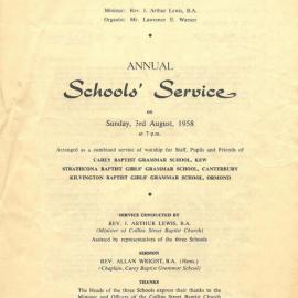 Annual Schools' Service order of service booklet, 1958