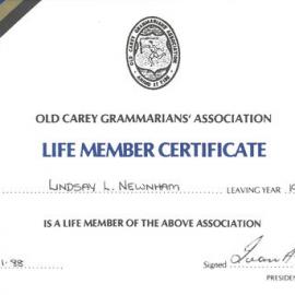 OCGA Life Membership Certificate, 1988