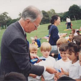 Don Brown with students at Sport Day, circa 1990