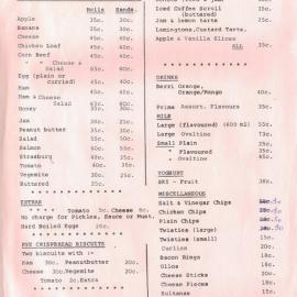 Tuckshop price list, 1982