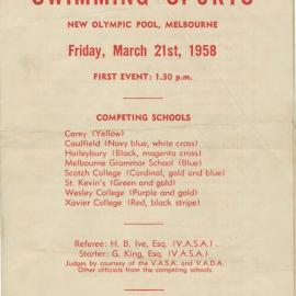Programme for Invitation Swimming Sports new Olympic pool, 1958