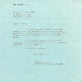 Letter from Alfred Mellor to Dr Keith Farrer congratulating him for his OBE, 1979
