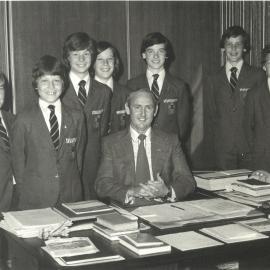 Junior School Headmaster Greg Miles with senior boys, 1979