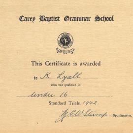 Standard Trials Certificate awarded to Ken Lyall, 1942